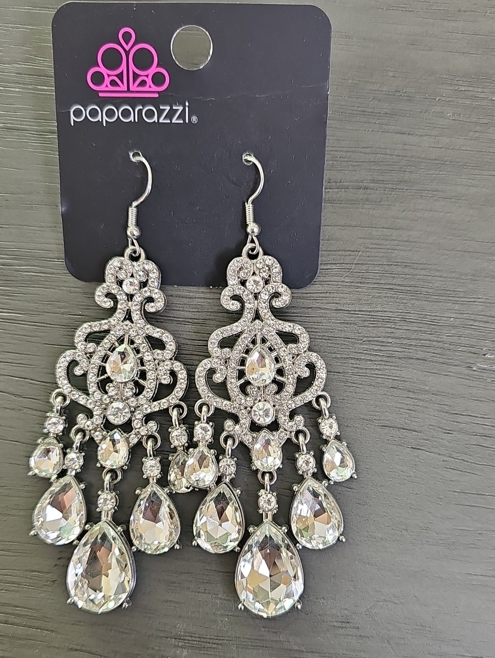 paparazzi Silver Teardrop Crystal Chandelier Earrings